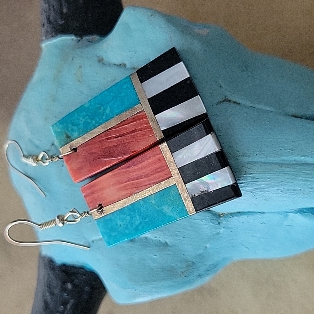 Santo Domingo Pueblo Turquoise Spiny Oyster Inlaid Dangle Earrings Southwestern - Picture 2 of 9